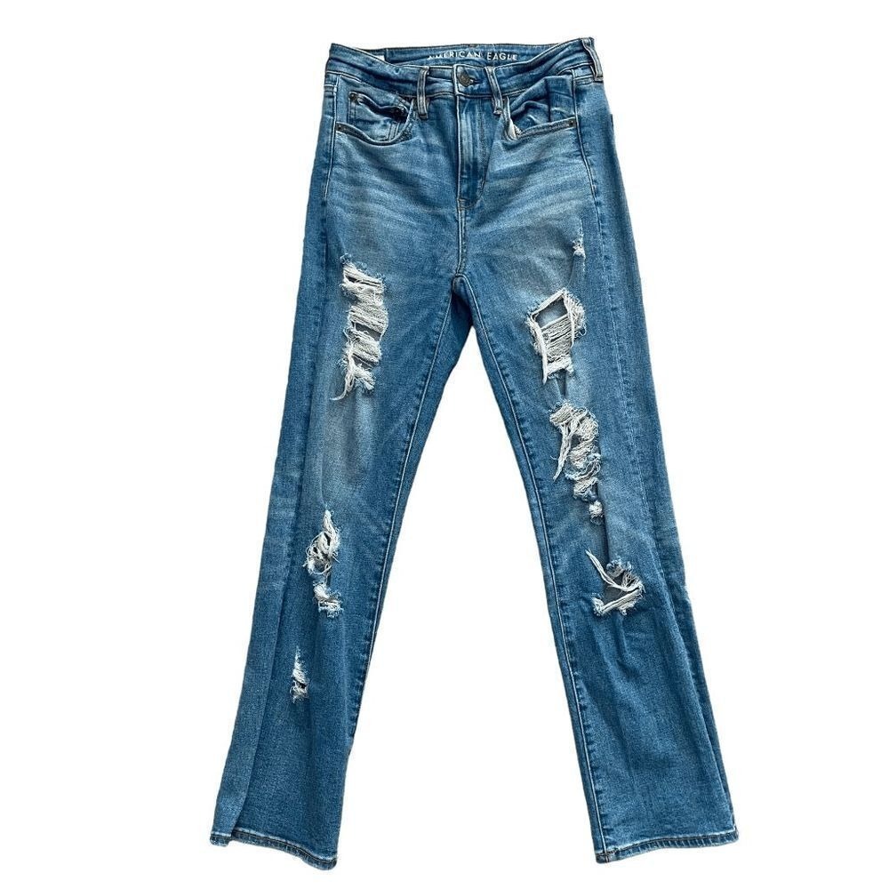 American Eagle Slim Straight Jeans Womens 4 Short Blue‎ Distressed Super Stretch